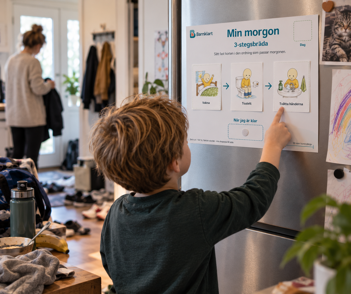 Barn använder Barnklarts bildstöd Min morgon med tre steg i en vardaglig morgonrutin hemma.