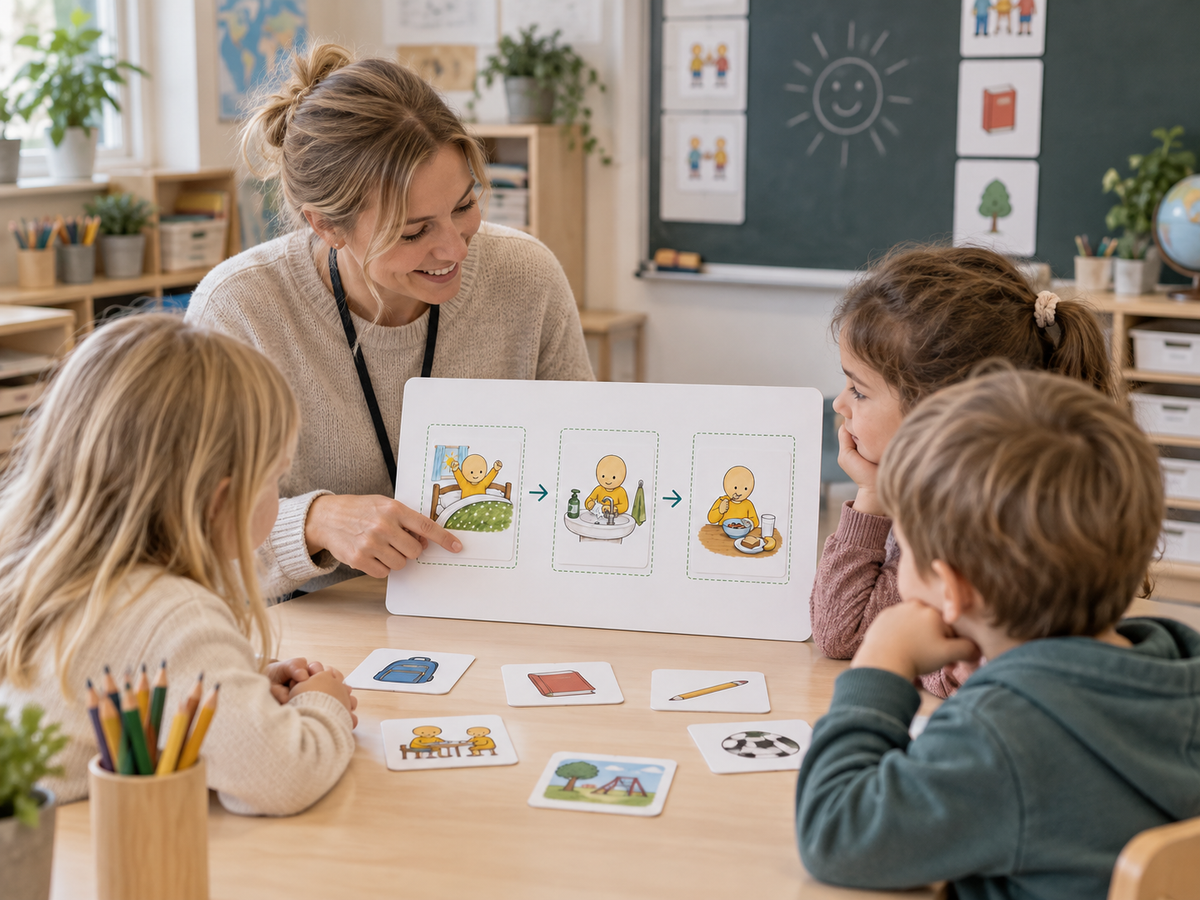Lärare använder Barnklarts visuella bildstöd tillsammans med elever i klassrummet för ökad tydlighet och struktur