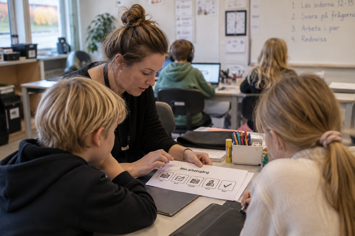 Lärare stöttar elever i klassrummet med tydlig arbetsgång och visuellt stöd under skolarbetet