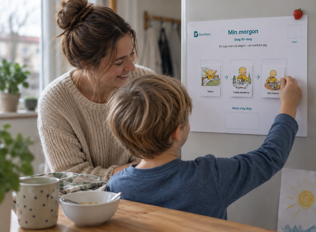 Mamma och barn använder Barnklarts visuella morgonstöd hemma för att följa morgonrutinen steg för steg