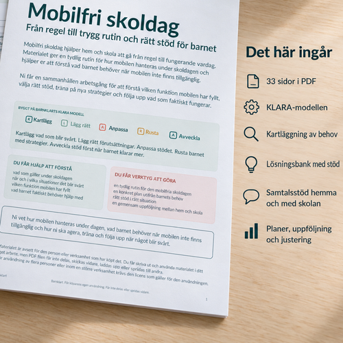 Mobilfri skoldag från Barnklart, pedagogiskt stöd för vårdnadshavare i 33 sidors PDF