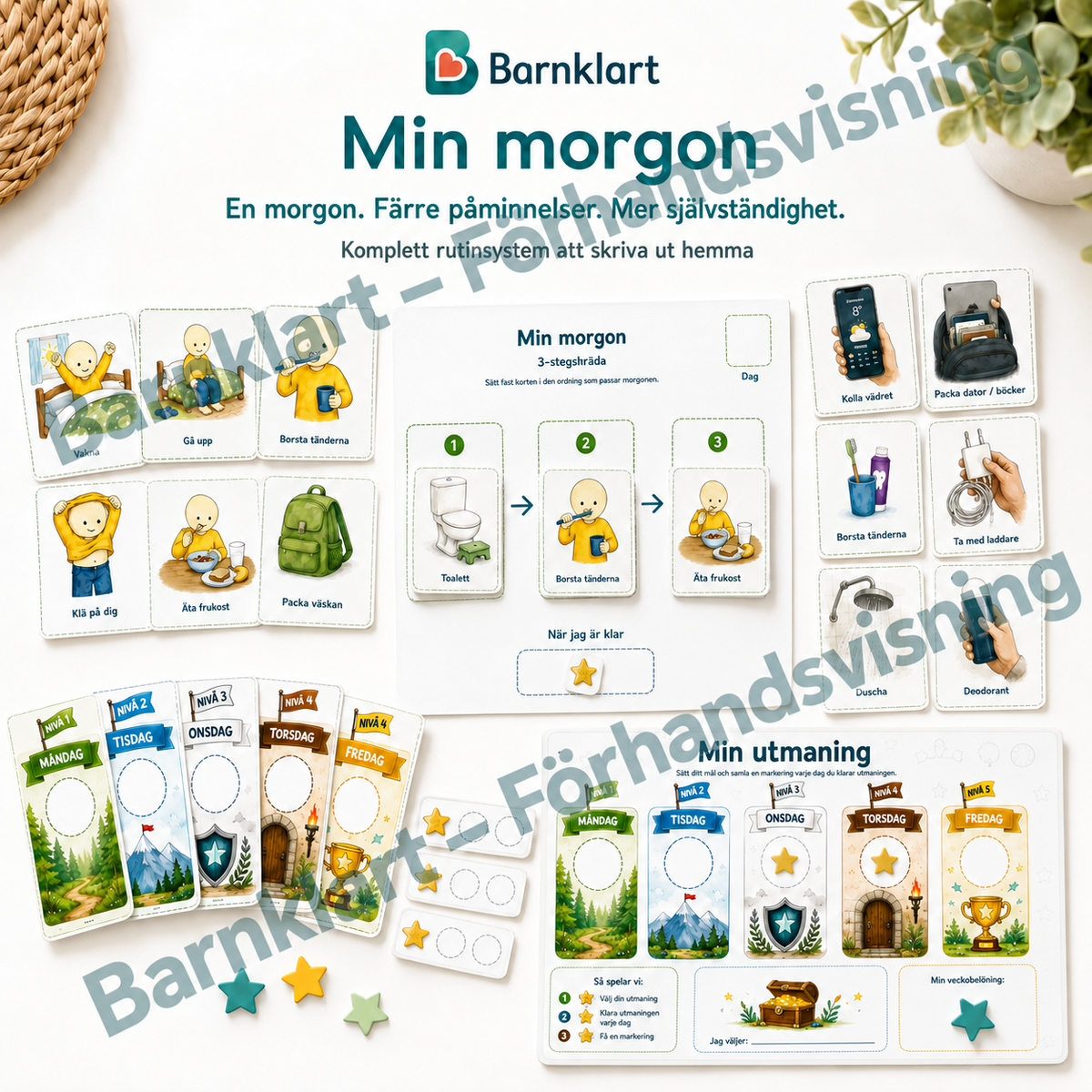 Min morgon komplett rutinsystem med bildstöd, morgonschema, aktivitetskort och Min utmaning