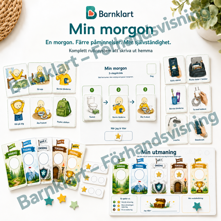 Min morgon komplett rutinsystem med bildstöd, morgonschema, aktivitetskort och Min utmaning