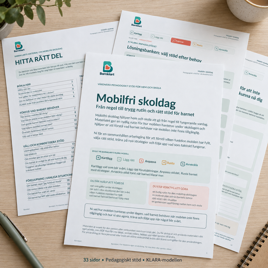 Mobilfri skoldag från Barnklart, pedagogiskt stöd för vårdnadshavare i 33 sidors PDF
